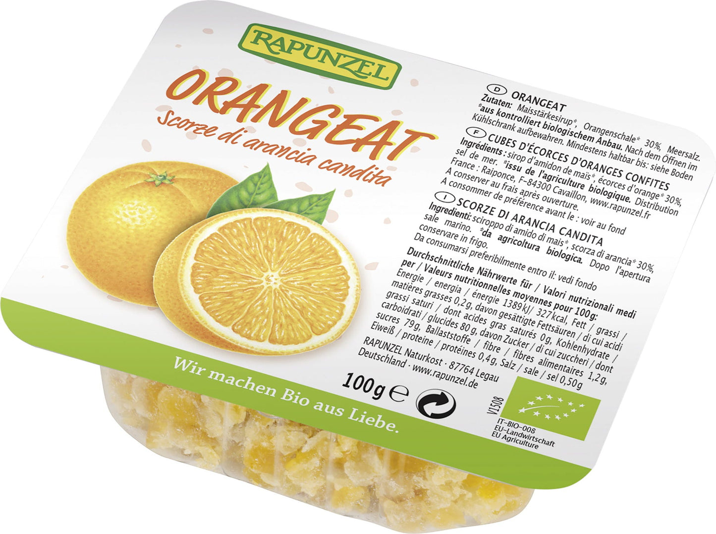 Rapunzel Organiczna cykata, skórka z pomarańczy, w kostkach, 100 g